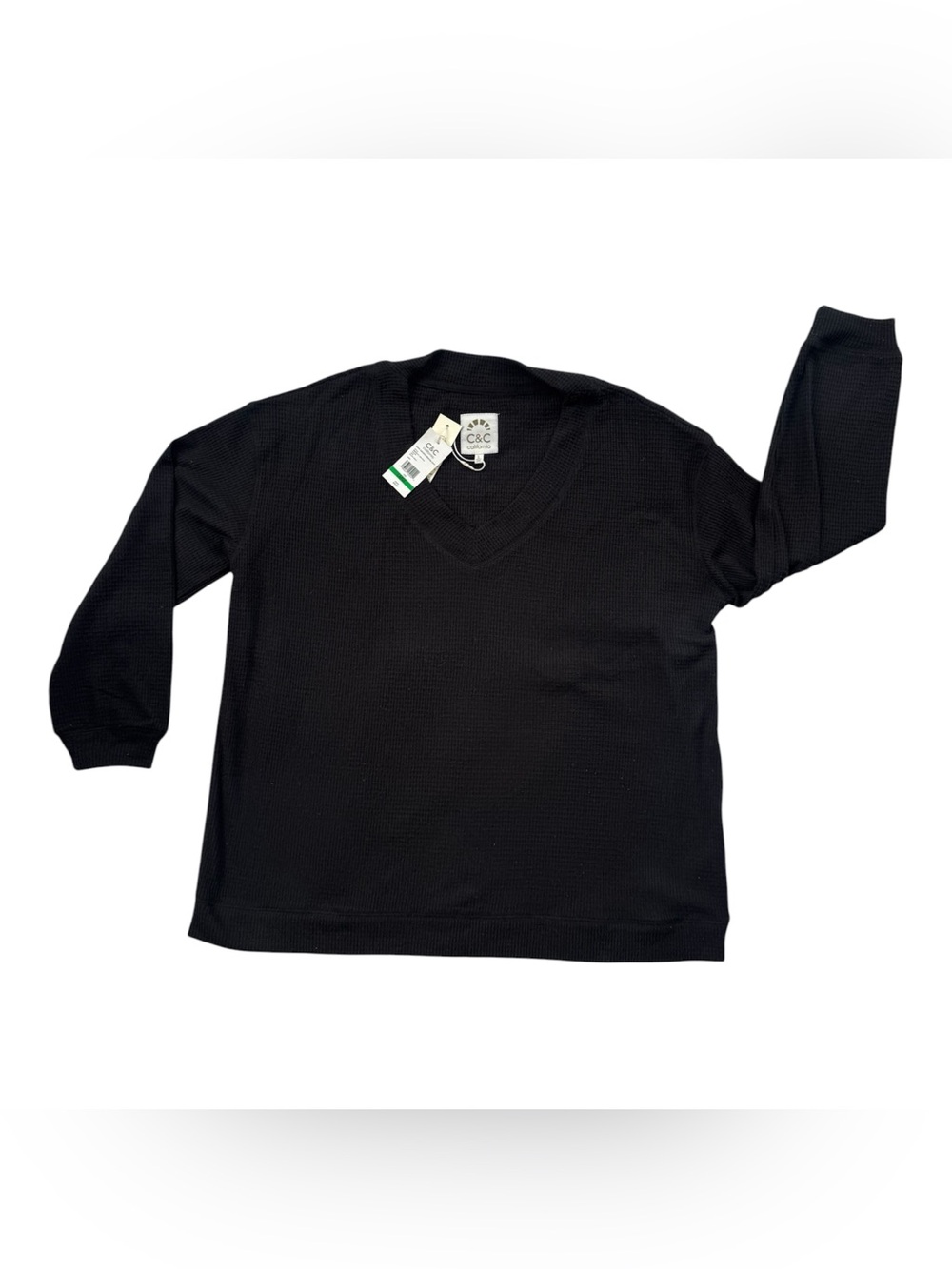 C&C California Black Waffle Knit V-Neck Thermal Top NWT L